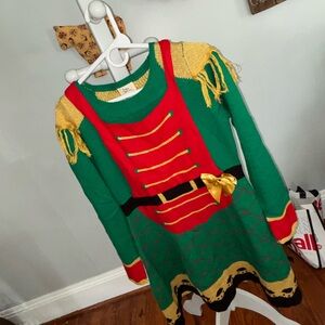 Born Famous Sz Lg Festive Green & Red Nutcracker Sweater Dress with Gold Trim